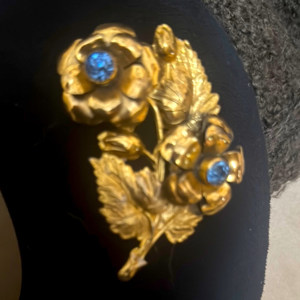 Gold Floral Brooch with Blue Accents Sterling Silver